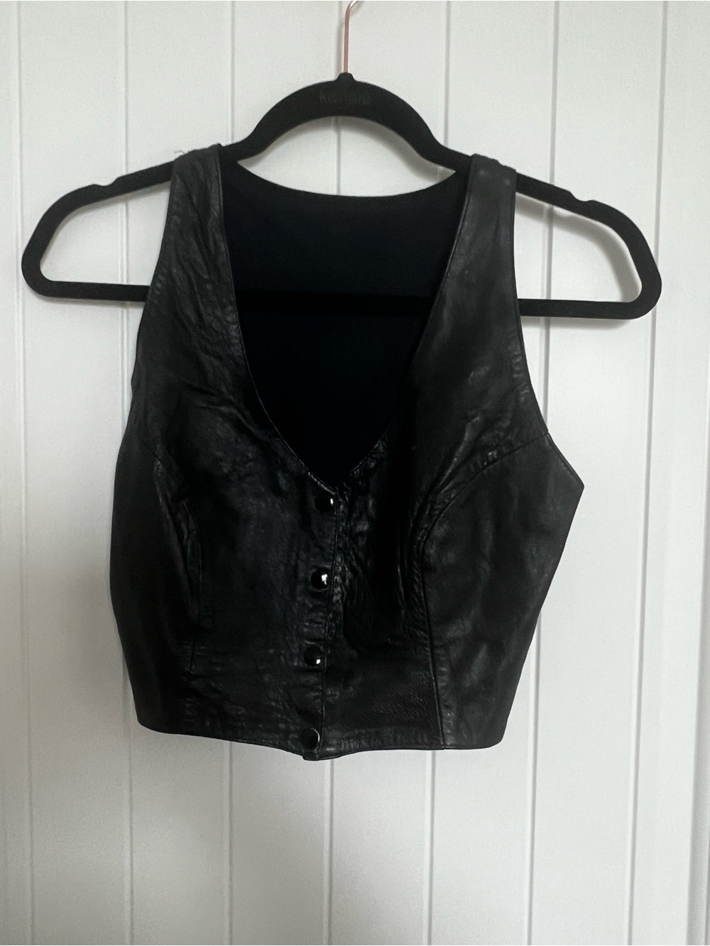 Black Leather Crop Button-Front Top